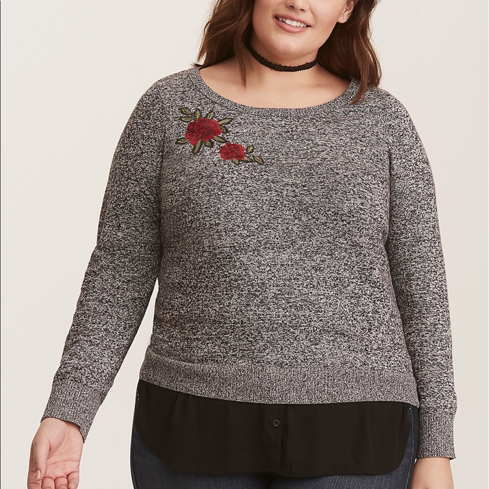 Torrid Marled Embroidered Chiffon Layered Tunic Sweater Size 1X